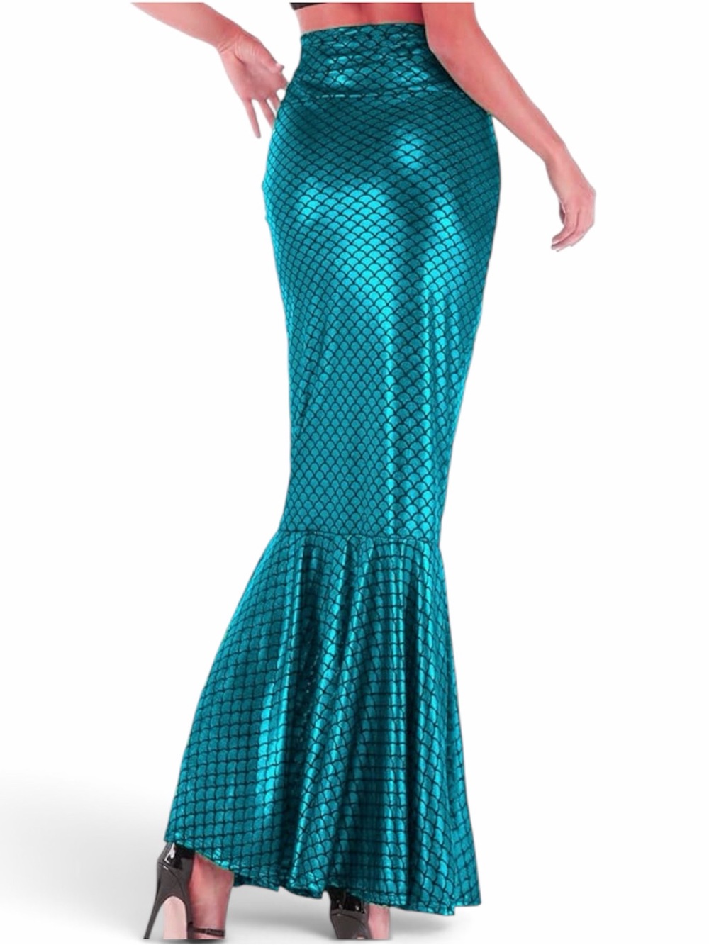 Mermaid Skirt floor length, green metallic fish scales pattern, lined, size S